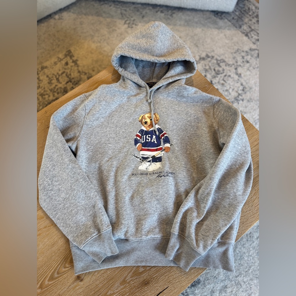 Polo Ralph Lauren Limited Edition Mens Large Grey Hockey Bear Hoodie Sweatshirt